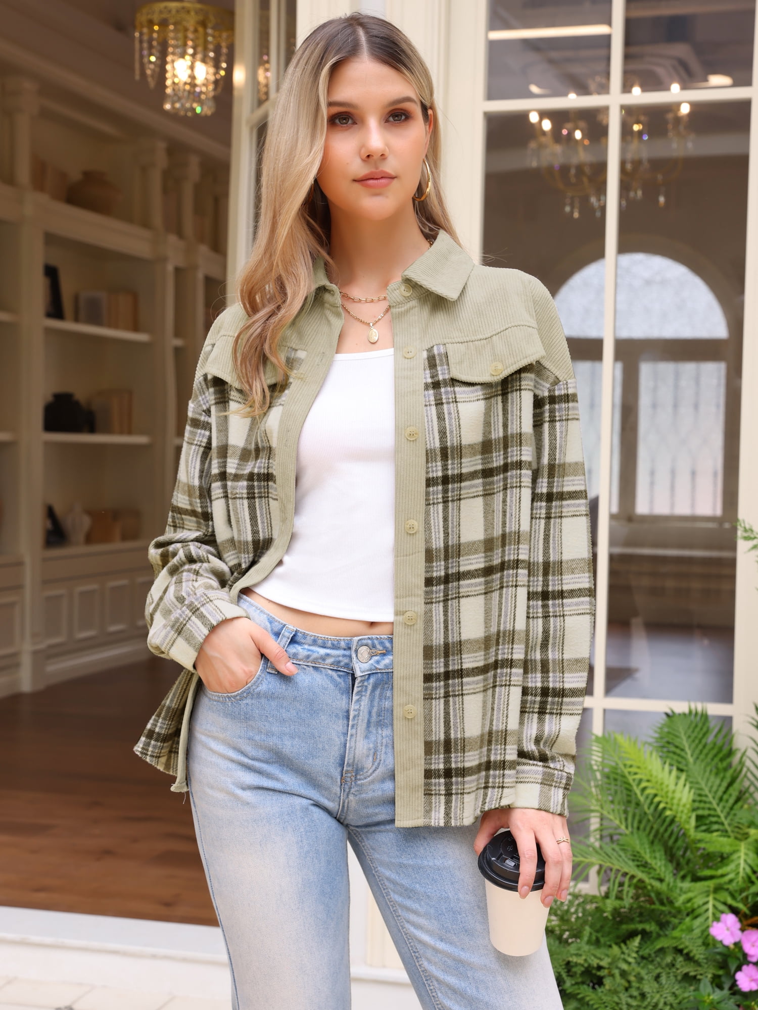 DARING DIVA Button Down Color Block Corduroy Long Sleeve Plaid Shirt M Apricot
