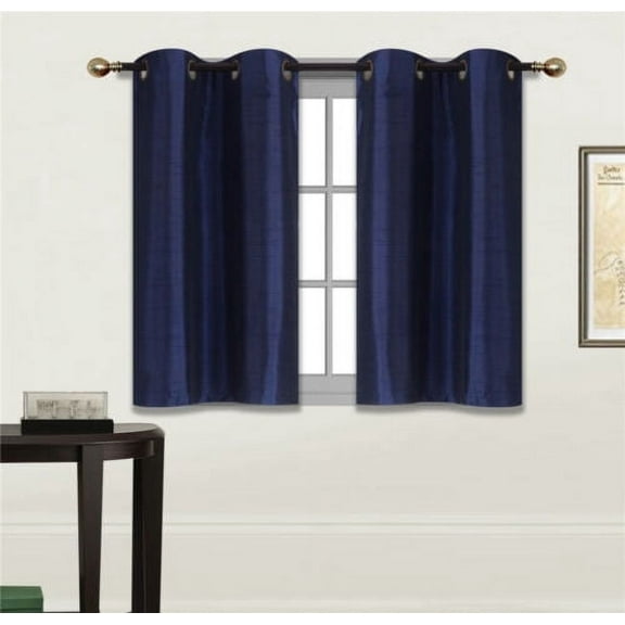 2 Piece N25 NAVY Luxury Kitchen, Short Window Curtain Semi Sheer Panel , 2 Faux Silk Tier Panels With Bronze Grommets