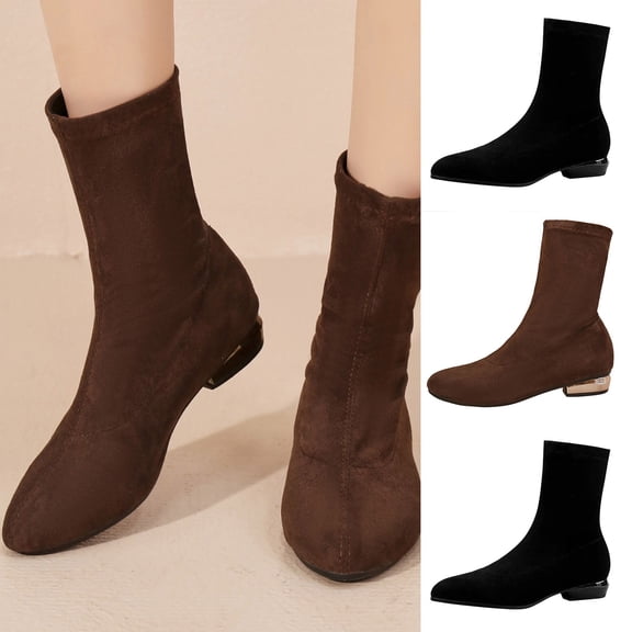 Women's Retro Round Toe Dressy Ankle Boots Pull On Suede Leather Flat Low Heels Stretchy Short Booties Brown 8.5(41)