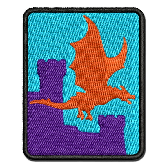 Dragon Flying Over Medieval Castle Applique Multi-Color Embroidered Iron-On Patch - 2.5 Inch Small