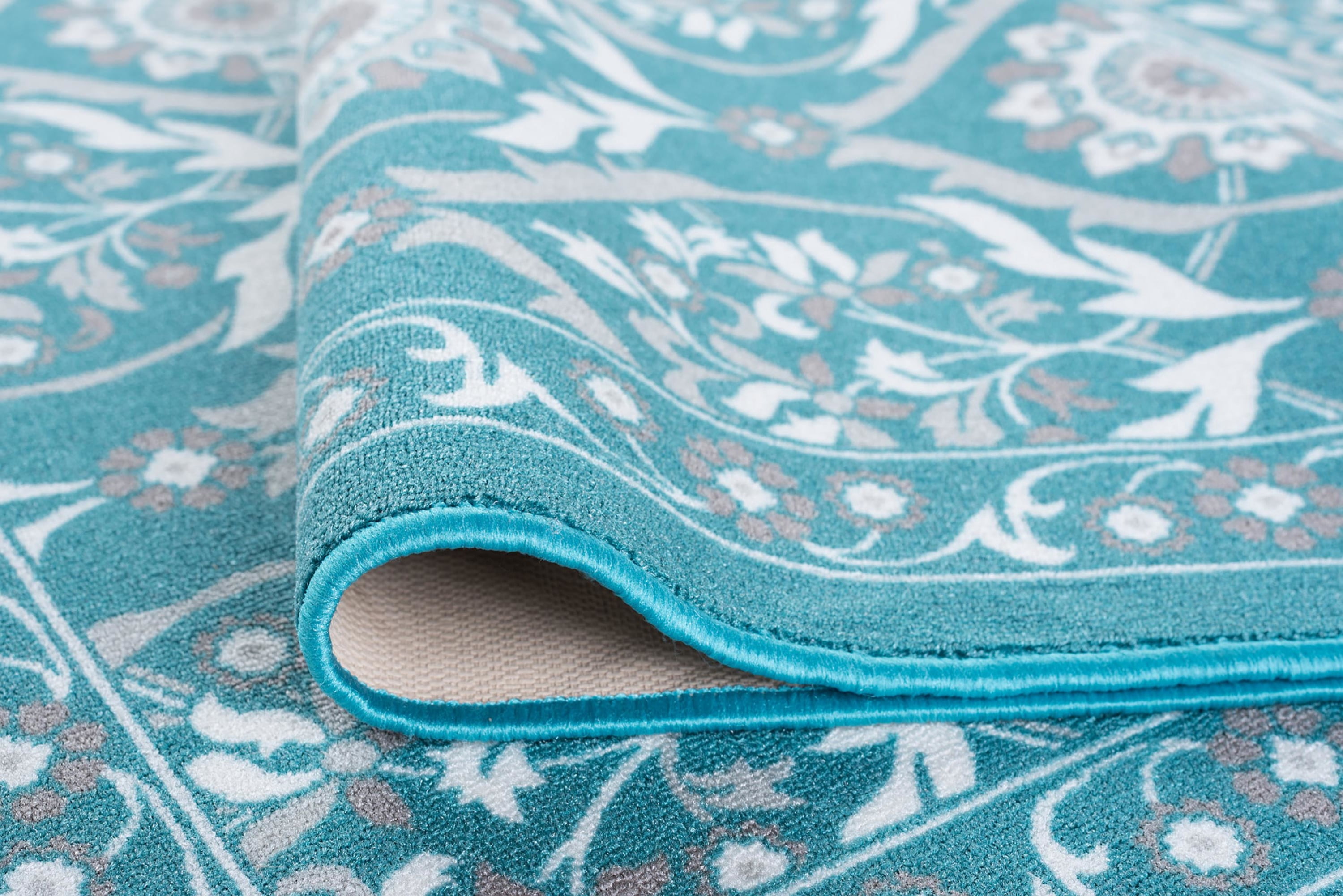 Transitional Area Rug (4-Piece Rug Set: (8' x 10', 5' x 7', 20'' x 60'', 20'' x 32'')) Floral Teal, Ivory Indoor Set Easy to Clean