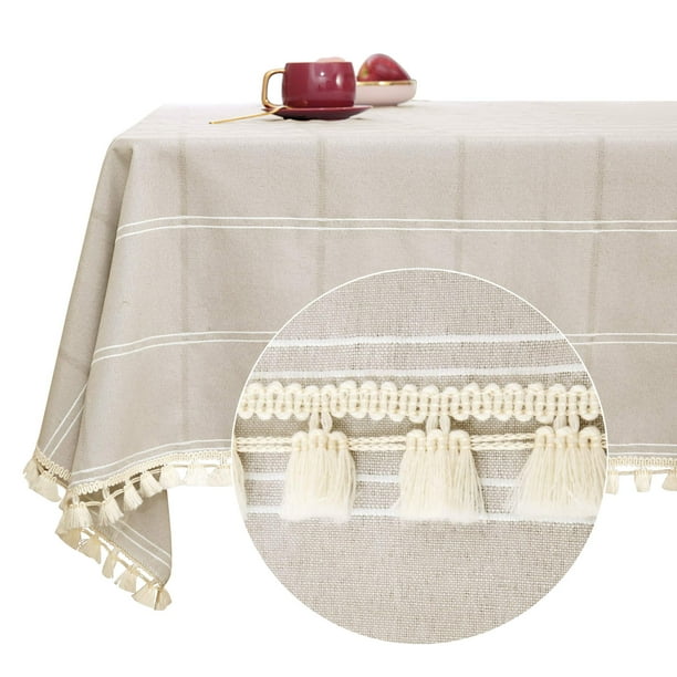 Deconovo Decorations Tablecloths Oblong Poly-Cotton Blend Tassel Waterproof Fade Resistant Table Cover for Outdoor Picnic, 54x108 Inch, Beige