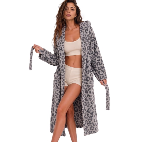 U2SKIIN Womens Plush Fleece Robe, Leopard Print Hooded Long Bathrobe, Soft Fluffy Warm Loungewear (Dark Grey, L/XL)