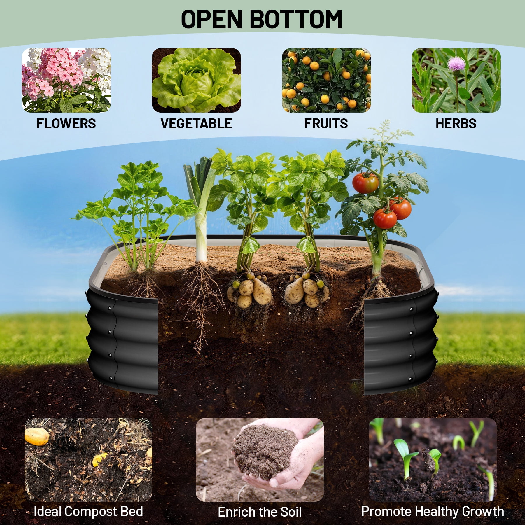 Garvee 3x3x1FT Raised Garden Bed, 2-Pack Metal Planter Boxes, Extra Large Oval Raised Bed for Vegetables Flowers Fruits, Modern Gray Outdoor Kit