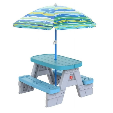 Step2 Summer Shade Kids Picnic Table with Umbrella – Toddler Outdoor Table Set for 4, Indoor/Outdoor Use, Easy Foldable Storage