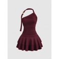 thumbnail image 6 of Burgundy Halter One-Shoulder Ruched Waist Tiered Mini Dress For Women Spring Summer, 6 of 6