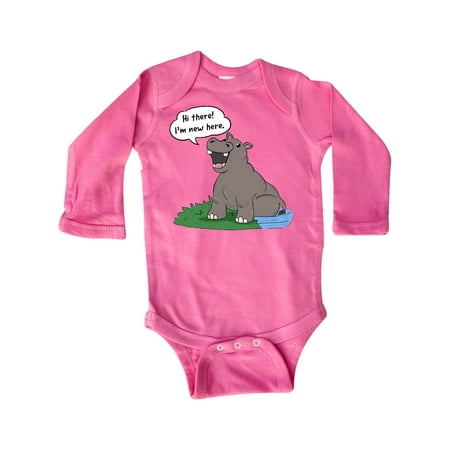 

Inktastic Hi There I m New Here Hippo Gift Baby Boy or Baby Girl Long Sleeve Bodysuit