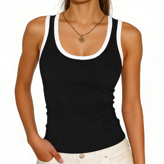 TRUNZI Tank Tops for Women Color Blocked Scoop Neck Slim Fit Ribbed Kint Pull On Lightweight Camisole Tops,Black,Size L