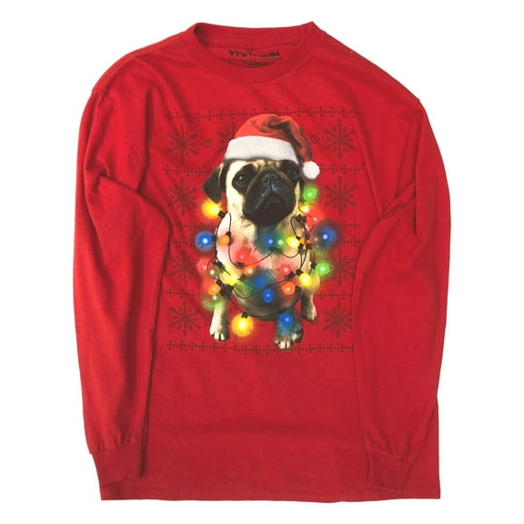 Boys Red Santa Hat Pug Puppy Dog Long Sleeve Christmas Shirt Medium
