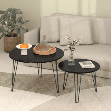 27.56'' Round Nesting Coffee Table Set of 2, Circular Nesting End Table Set, Round Marble Tabletop, and Sturdy Metal Base for Living Room, bedroom, Black
