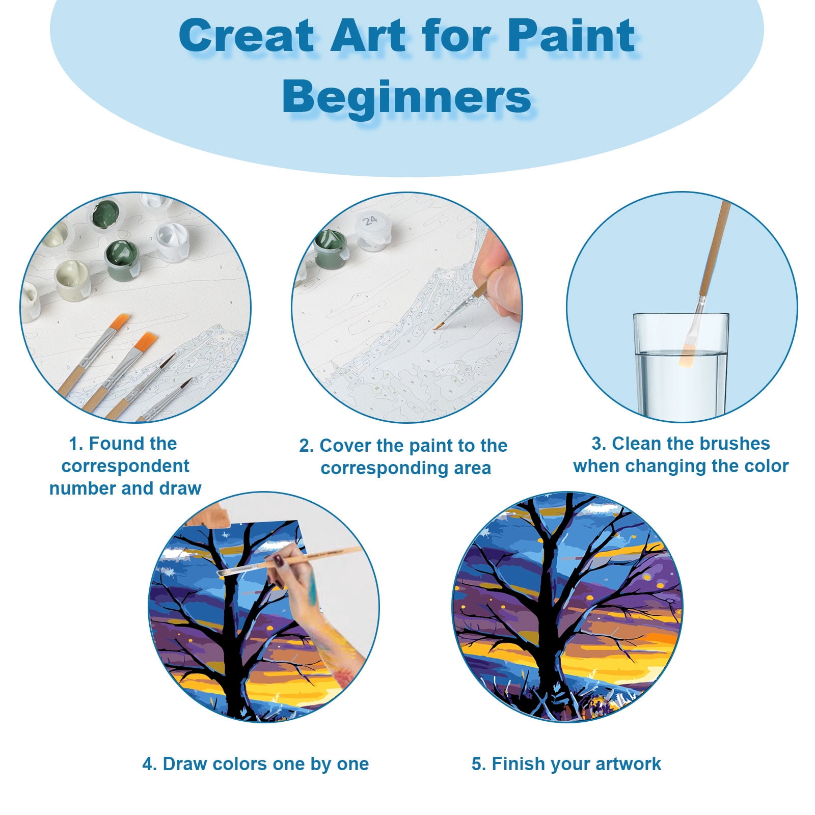 Qoosea 4 Pack Paint by Numbers Kits for Adults Kids, Crafts DIY for Beginners with Wooden Easel, Paint Brushes, Acrylic Paint Set for Home Wall Decor