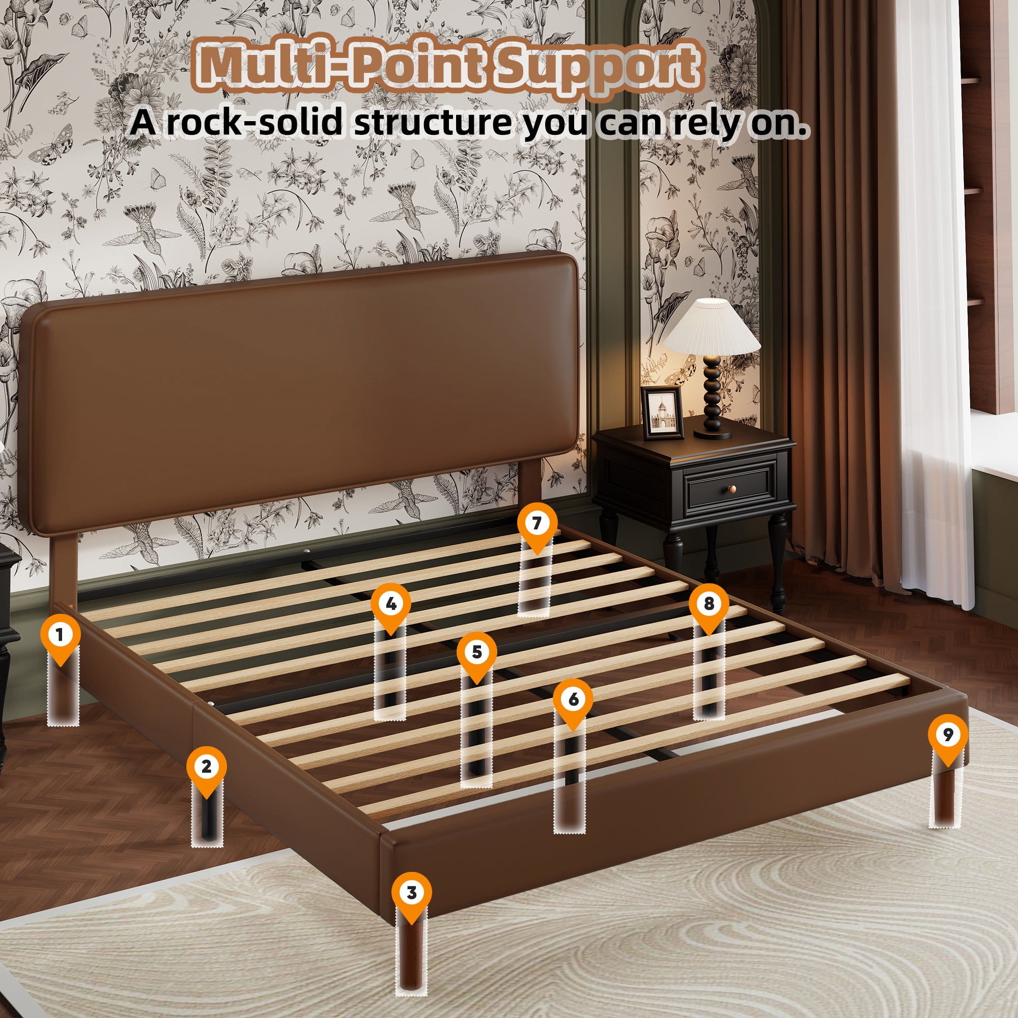 Frostbloom Full Bed Frame, Upholstered Faux Leather Platform Bed with Adjustable Headboard, Dark Brown