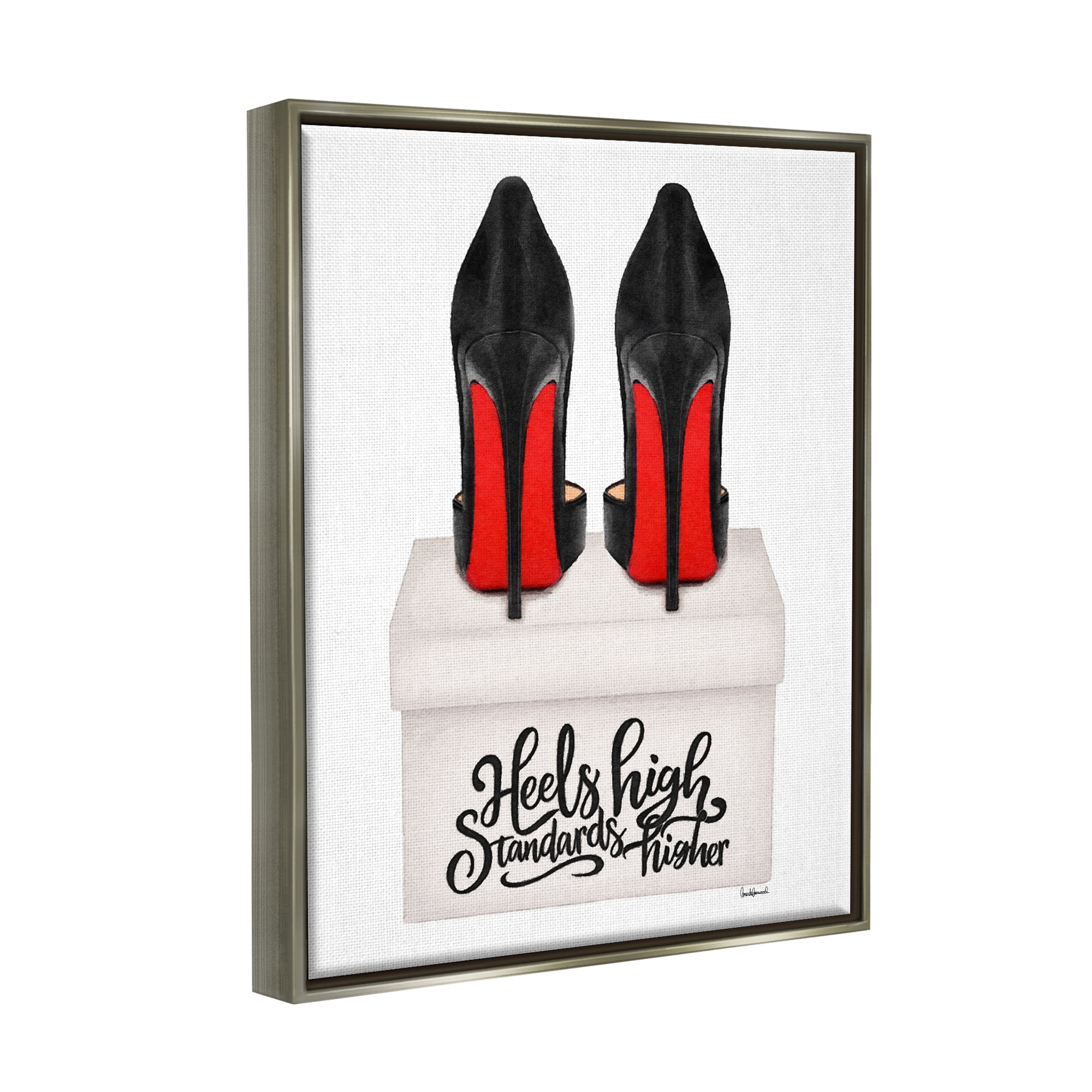Stupell Industries Heels High Standards Higher Beauty & Fashion Painting Gray Floater Framed Canvas Art Print Wall Art, 25 x 31