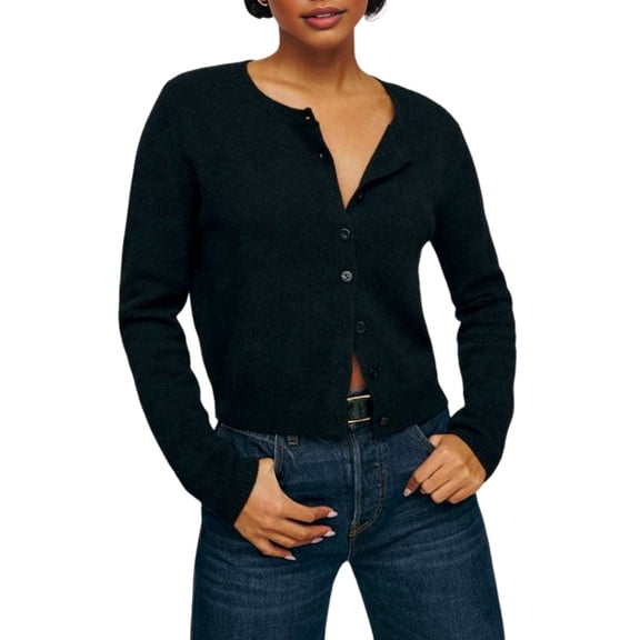 Women Crew Neck Drop Shoulder Button Down Cropped Knit Cardigan Black S