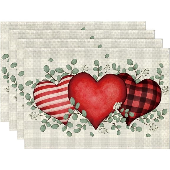 Buffalo Plaid Eucalyptus Hearts Valentine Placemats Set of 4, 12x18 Inch Wedding Holiday Table Mats for Party Kitchen Dining Decoration
