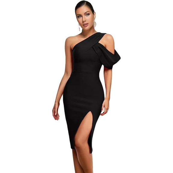 One Shoulder Ruffle Wedding Guest Dress Slit Bandage Cocktail Dress Formal Party Gowns Color Black Medium