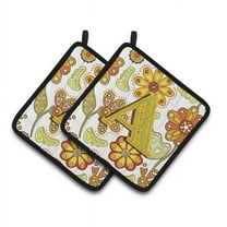 Carolines Treasures CJ2003-APTHD Letter A Floral Mustard & Green Pair of Pot Holders, 7.5 x 3 x 7.5 in.