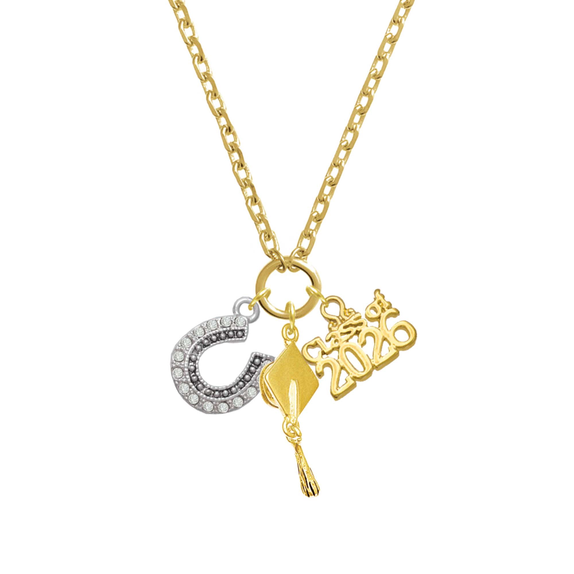 Delight Jewelry Gold-tone Beaded Clear Crystal Horseshoe with Good Luck - Gold-tone Class of 2026 Graduation Zoey Charm Necklace, 28"