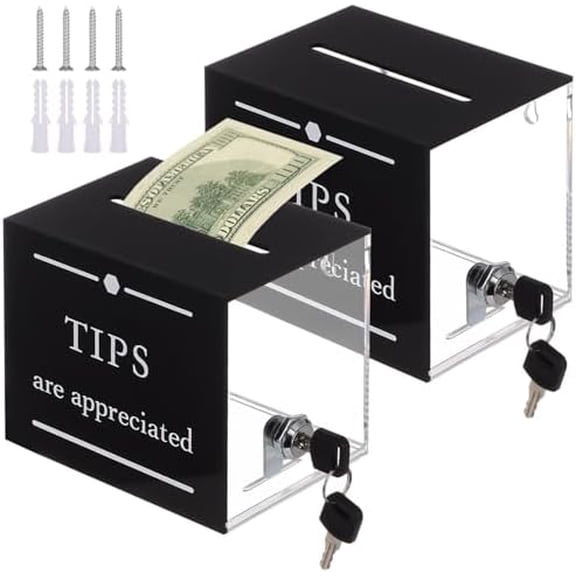 2 Pack Tip Jars for Bartender with Lock, 6 x 4 x 5 Inch Tip Collection Box for Restaurant, Acrylic Tip Cash Box Money Donation Bucket for Musicians, Driver, Bar