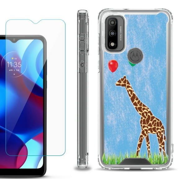 Shockproof Bumper Phone Case for Motorola Moto G Pure, with Tempered Glass Screen Protector, by OneToughShield ® - Giraffe/Balloon