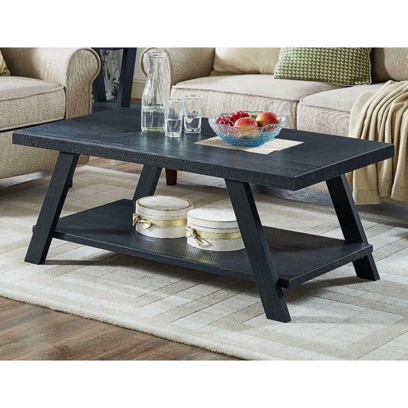Contemporary Black Replicated Wood Shelf Coffee Table for Small Spaces