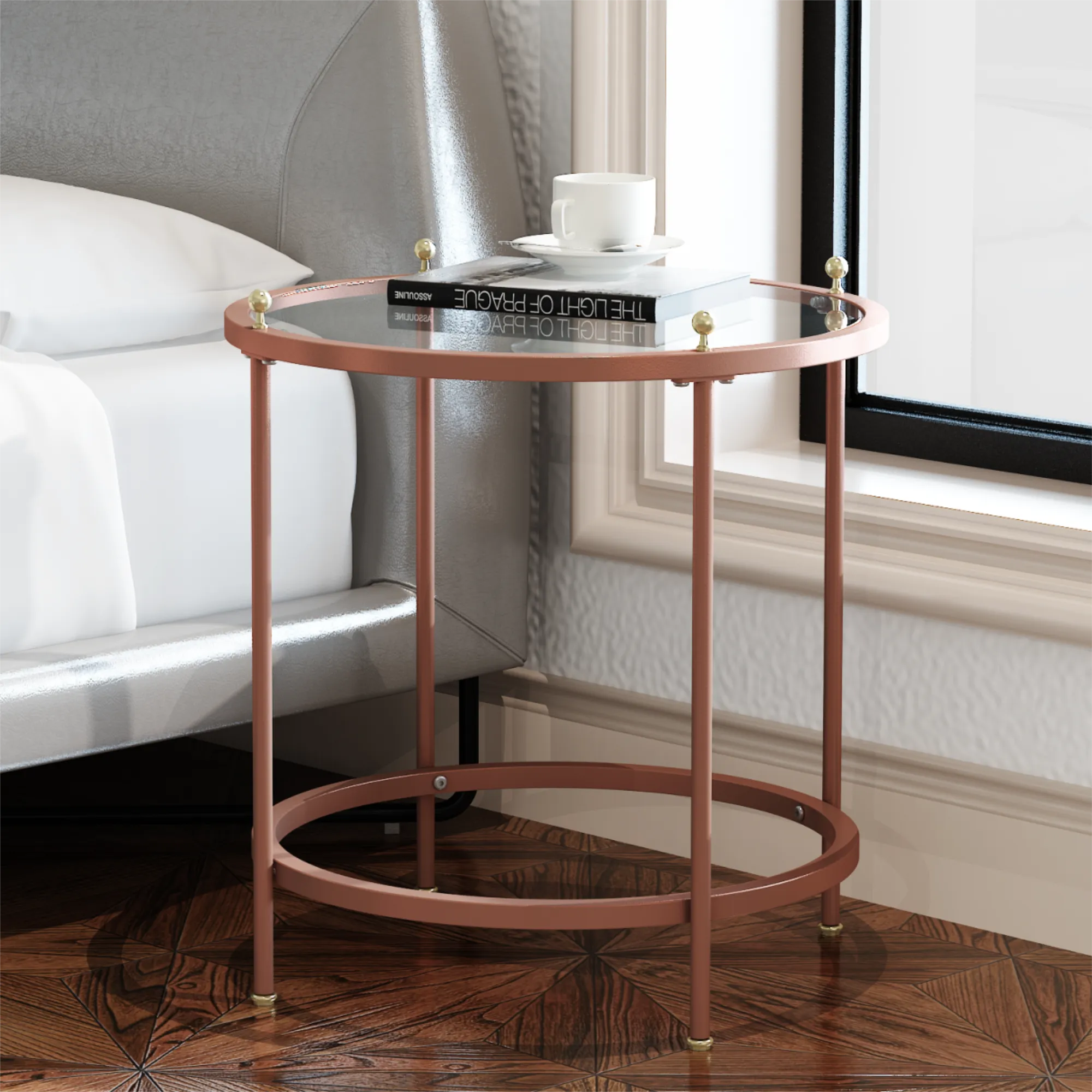 Resenkos Tempered Glass Tabletop End Table, Round Storage Side Table with Rose Golden Metal Frame for Bedroom Living Room Resenkos Tempered Glass Tabletop End Table, Round Storage Side Table with Rose Golden Metal Frame for Bedroom Living Room