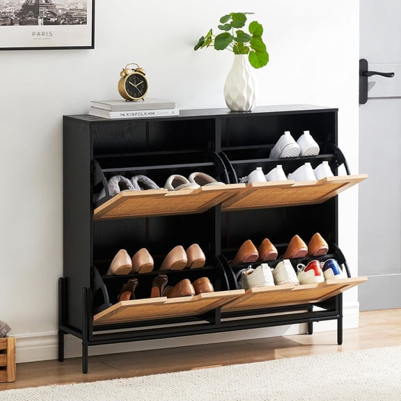 Natural Rattan 4 Flip Door Shoe Cabinet Organizer Freestanding, Modern Shoe Rack Storage Organizer with 3 Tier Adjustable Shelves for Entryway, Closet, Hallway