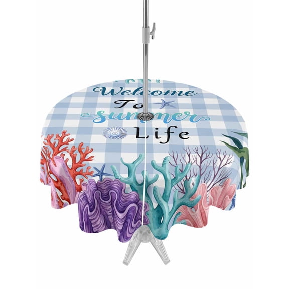 Outdoor Tablecloth with Umbrella Hole for Patio/Picnic/Party/Camping, Watercolor Coral Waterproof Table Cloth Round Cover Washable, Summer Ocean Marine Seaweed Shell Blue Plaid (Dia 54")