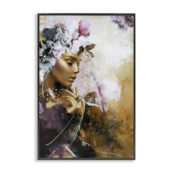 Stupell Industries Elegant Woman & Florals Portrait Painting Black Framed Art Print Wall Art, 12 x 18
