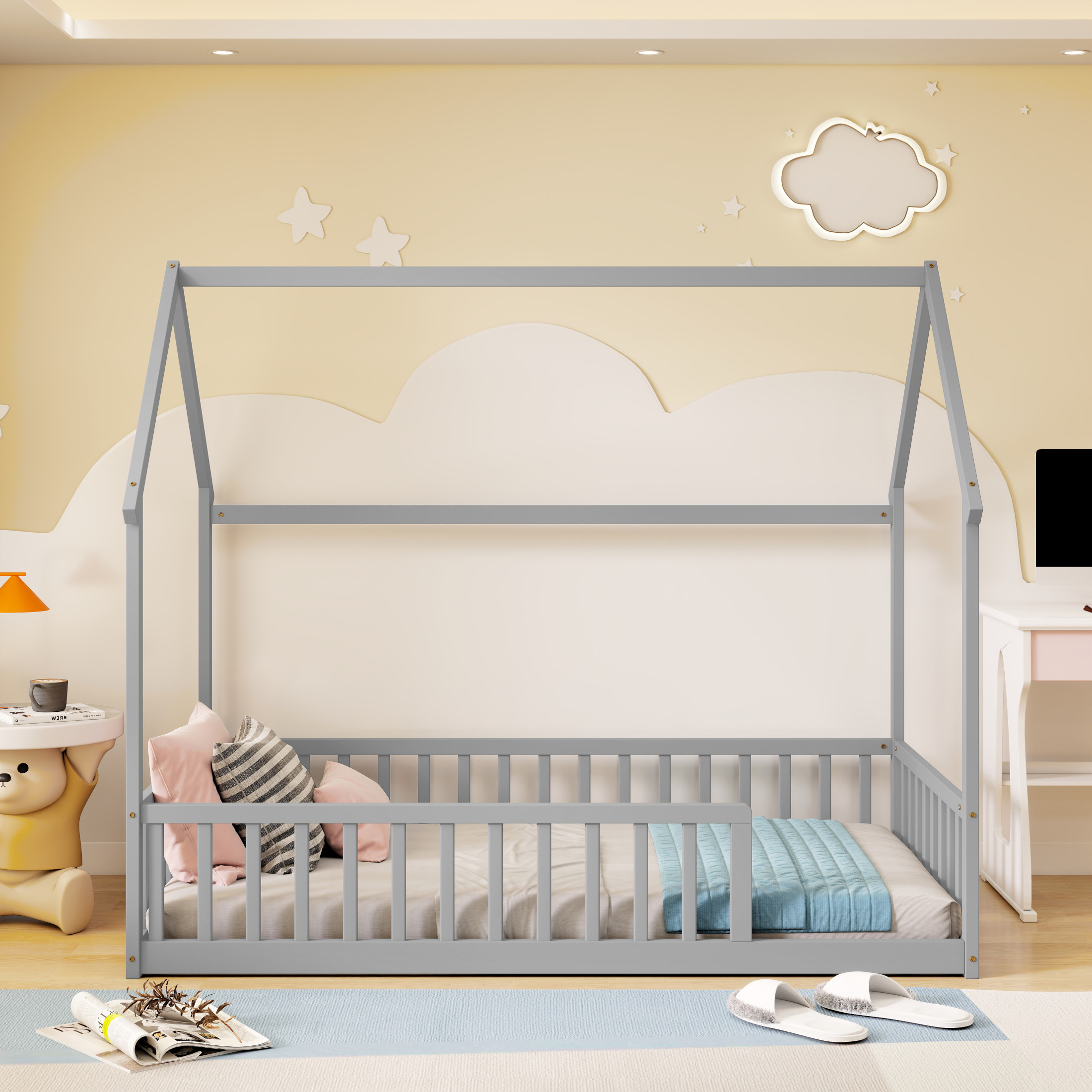 Noble House Morde Twin Size House Floor Bed with Gable Roof Frame & Safety Guardrails, Pine Wooden Bed Frame, Grey