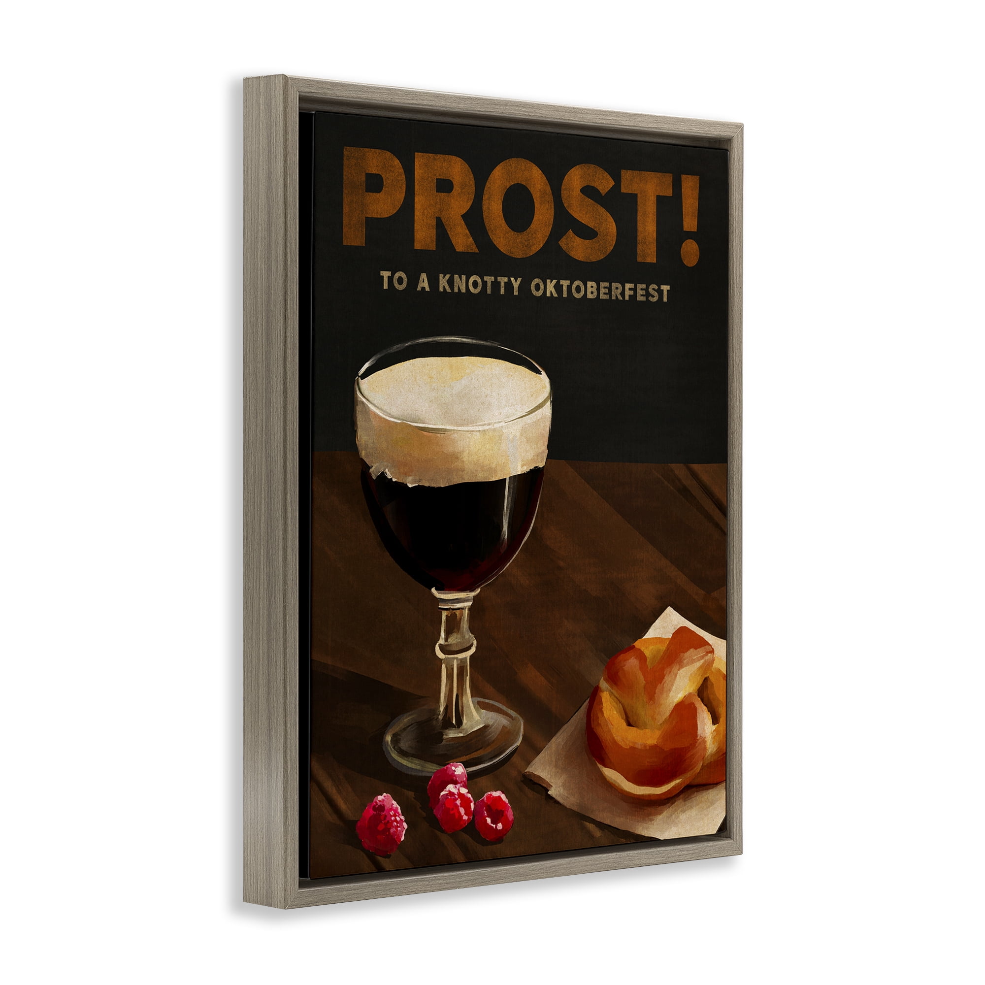 Stupell Industries Prost Beer & Pretzel Food & Beverage Painting Brown Floater Framed Canvas Art Print Wall Art, 17 x 21