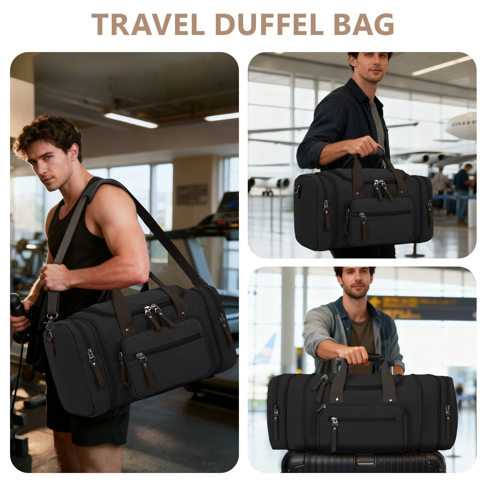 DAKOMM Duffle Bag for Travel, 50L Expandable Canvas Travel Duffel Bags Overnight Weekend Waterproof Gym Carry On Luggage Bag Travel Bag for Men & Women, Black