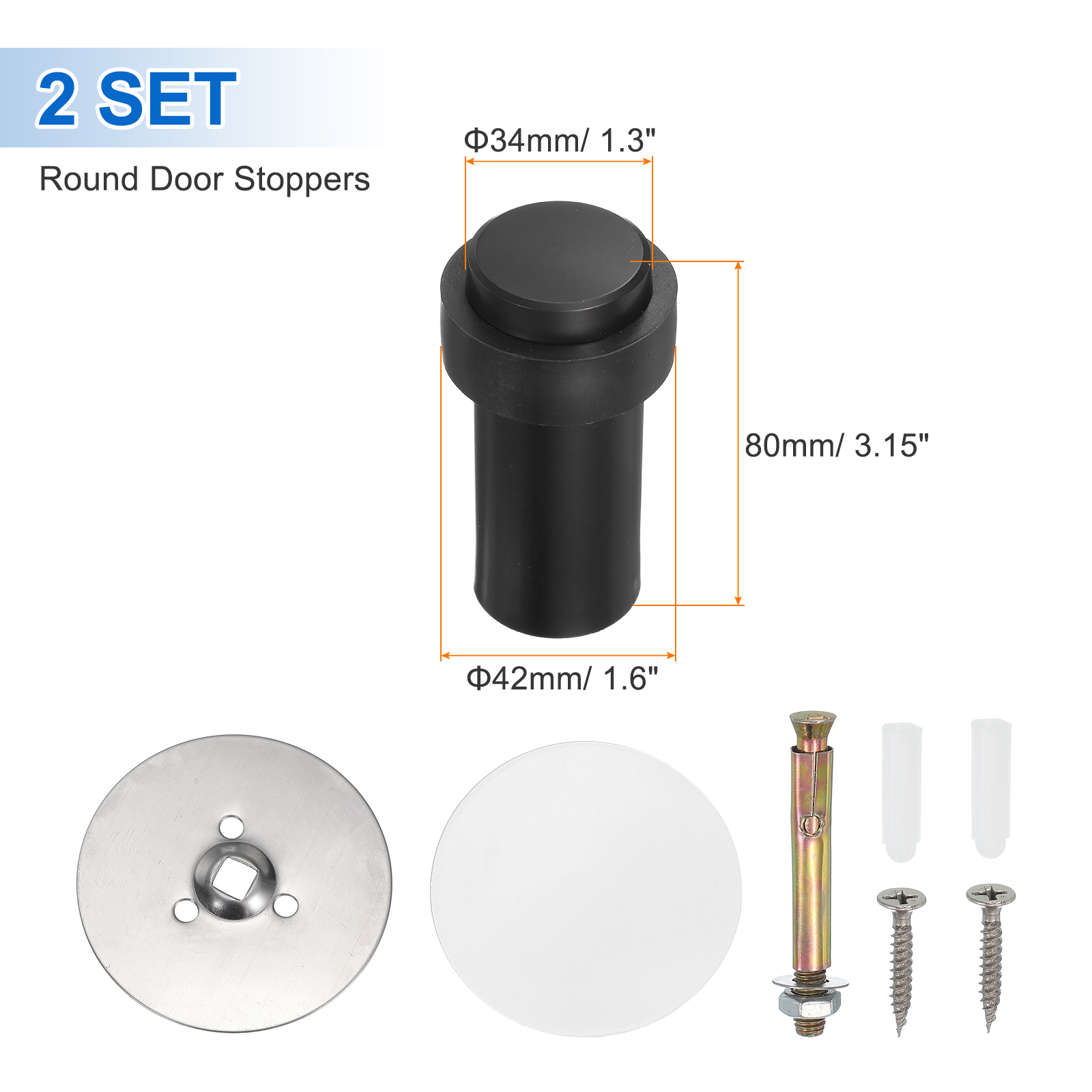 2Set Round Door Stoppers, 80mm Stainless Steel Door Stop Doorstop Wedge Metal Cylinder Self Adhesive with Screw for Bottom of Door Floor Inside, Black