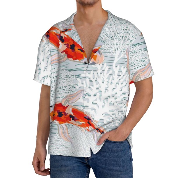 Balery Koi Fish Corals,Spring Summer Camisa Casual de Manga Corta con Botones para Hombre, Texturizada, Estilo Cubano, para Playa, Verano-4X-Large