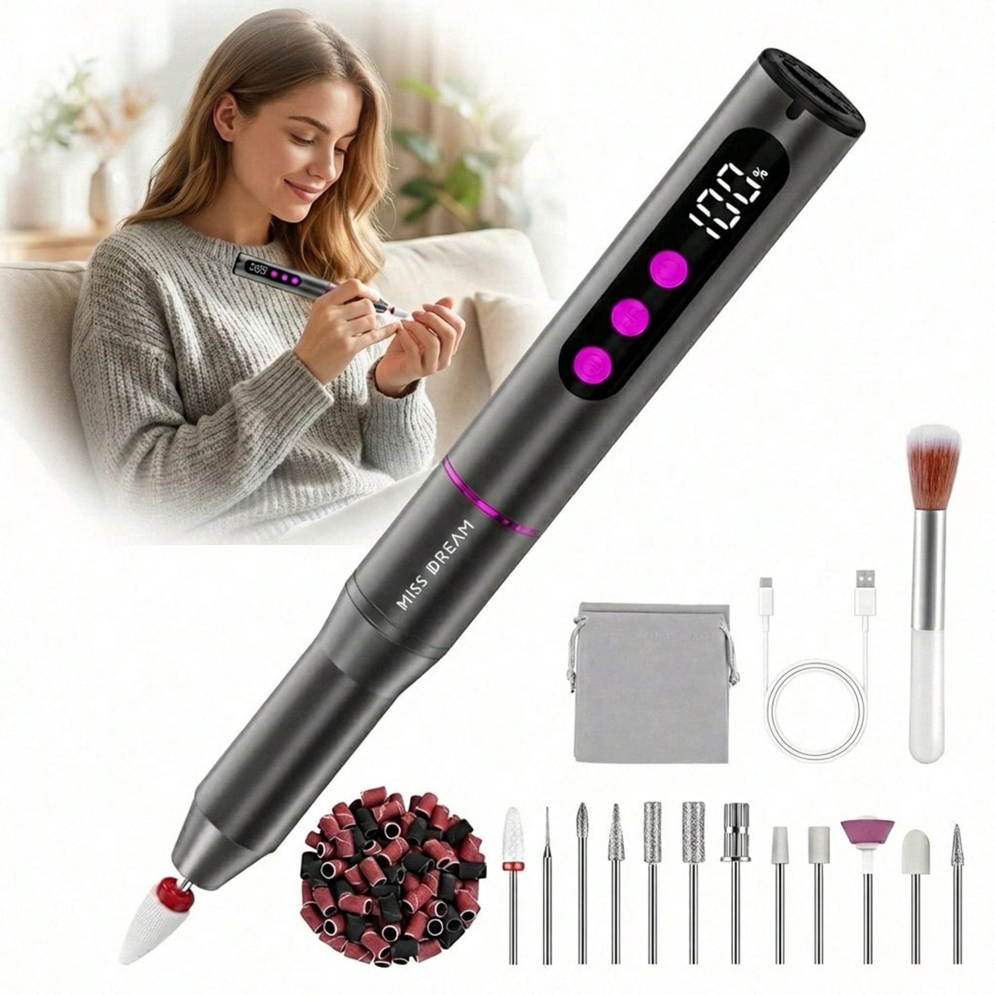 Cordless Electric Nail Drill, 35,000 RPM Rechargeable Nail Drill Machine with 12 Nail Drill Bits, Portable Electric Nail File with LCD Display for Acrylic and Gel Nails, Manicure & Pedicure, Gray