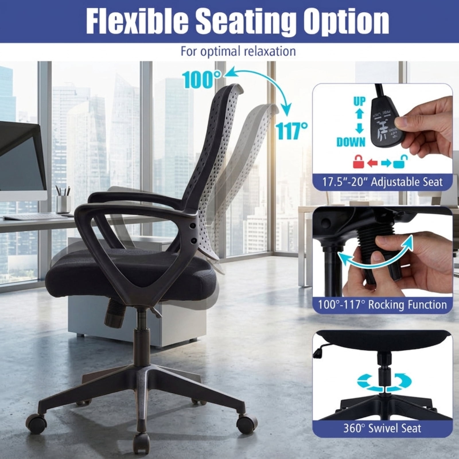 Furnibear Ergonomic Office Chair Height Adjustable Computer Desk Chair with Breathable Butterfly Back and Swivel Base, Black