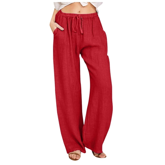 Lixiuxyad Women's Cotton Linen Pants Summer Casual Wide Leg Pant Loose Drawstring High Waist Palazzo Trousers with Pockets Red