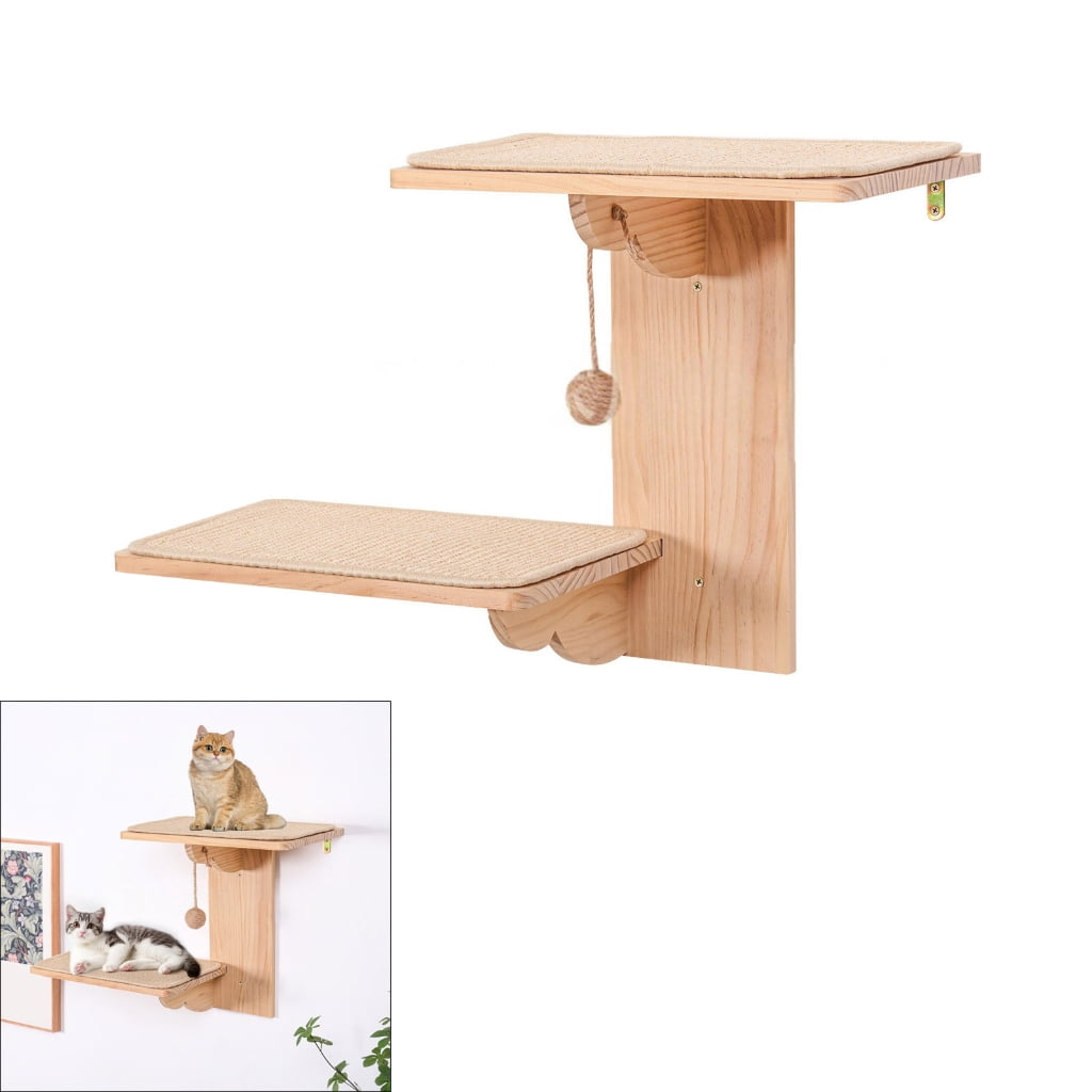 PatungKu Easyly Install Sisal Covered Wall Mounted Cats Scratching Perches Double Layer Wooden Resting for Active Felines
