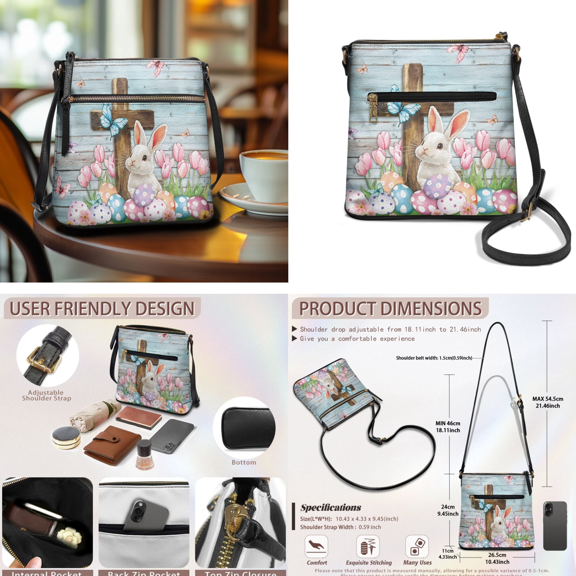 LedBack Rabbit Cross Print Leather Crossbody Purse Wallet Sets for Women PU Leather Tulip Satchel Purse Hobo Bag with Zipper Front and Back Pockets Zipper Purse and Handbag Set, Blue