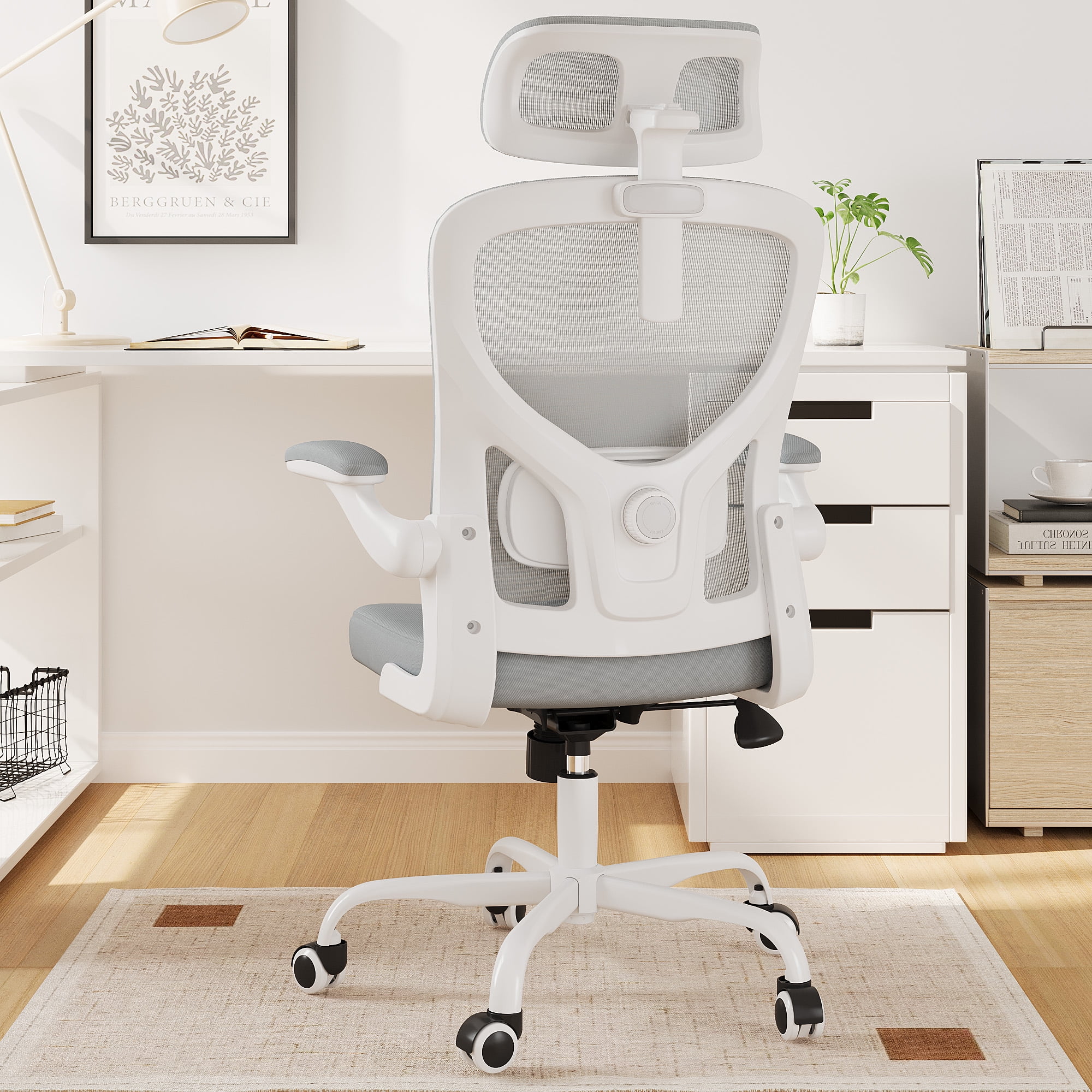MAYEERTY Ergonomic Home Office Chair with Lumbar Support, Flip-Up Armrests, Headrest for Work & Study,Gray