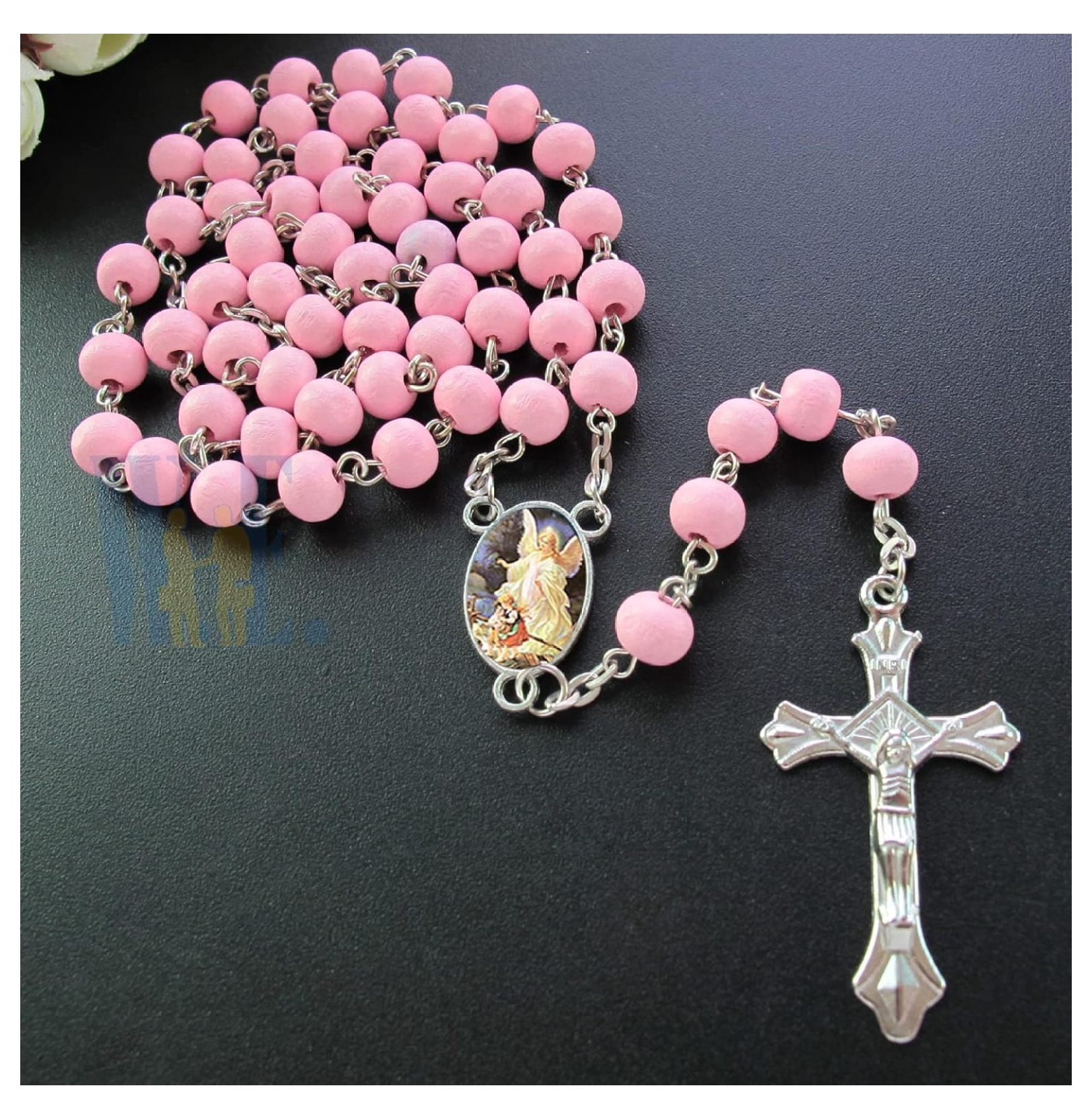 First Communon Baptism Pink Scented Rosary Favor - 12 Angel Rosaries with individual Gift Box and Decorated Pouches