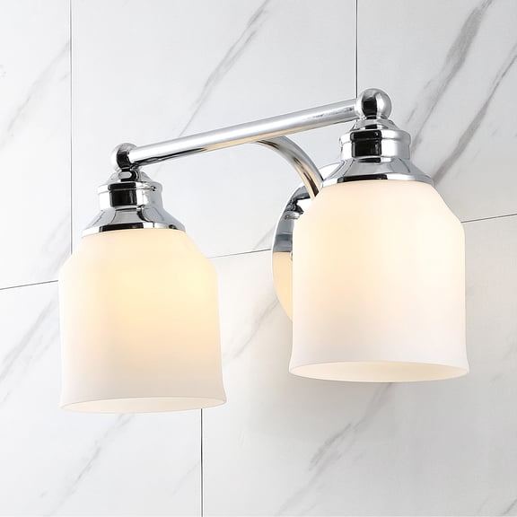 JONATHAN Y Lydia 14" 2-Light Iron/Frosted Glass Farmhouse Cottage LED Vanity Light, Chrome