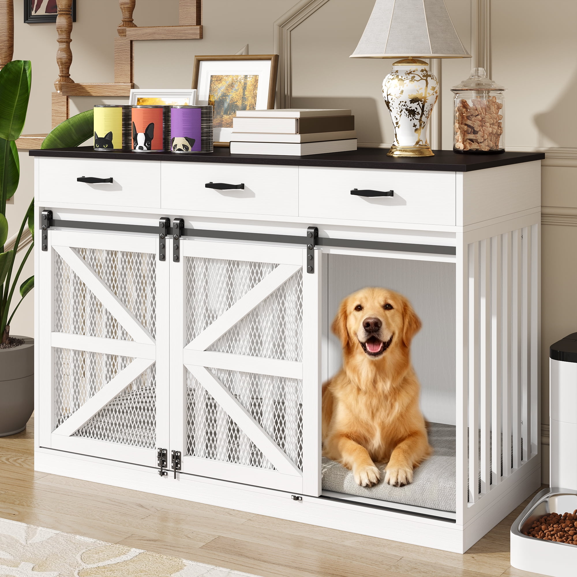 Casendy Dog Crate Furniture with Adjustable Divider for 2 Dogs, Heavy Duty Dog Kennels with 3 Drawers and Sliding Doors, Media Console Dog Cage for Living Room, White