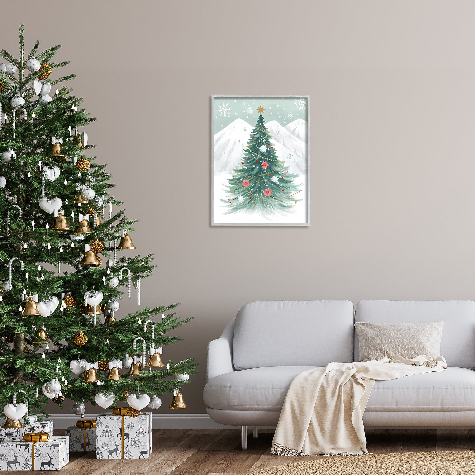 Stupell Industries Subtle Christmas Tree in Snow Holiday Painting Gray Framed Art Print Wall Art, 24 x 30