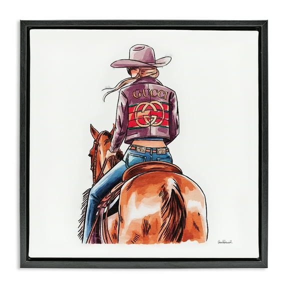 Stupell Industries Glam Cowgirl on Horse People Painting Black Floater Framed Canvas Art Print Wall Art, 18 x 18