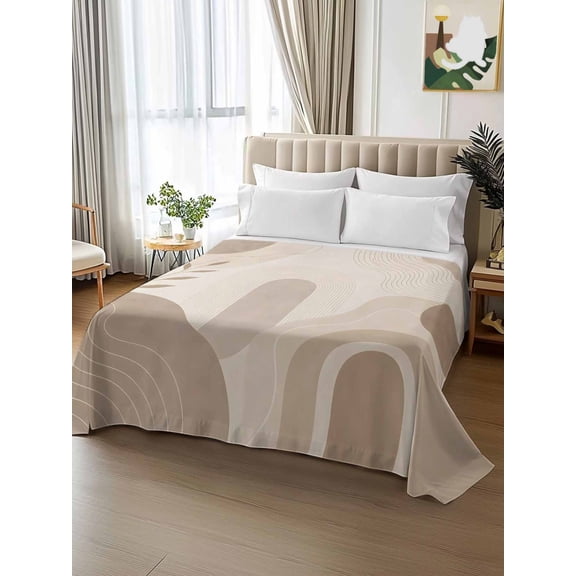 King Size Flat Sheet Only,Boho Color Block Leaf Arch Stripe Soft Top Bed Sheets Breathable Bedding Sheet Abstract Geometric Morandi Microfiber Hotel Luxury Top Sheets