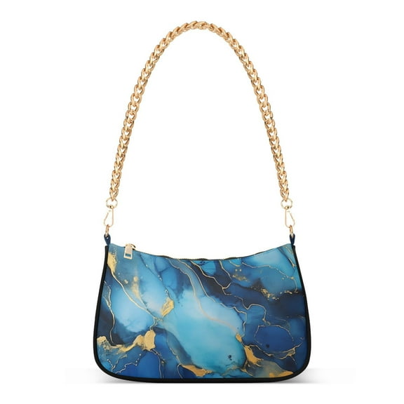 Womens Chain Shoulder Bag Blue and Golden Marble Classic Tote Handbags Fashion Clutch Hobo Purse with Zipper for Travel Casual