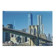 United States Cutting Board, Lower Manhattan Skyline Brooklyn Bridge in New York City Famous Landmark, Decorative Tempered Glass Cutting and Serving Board, Large Size, Pale Blue Tan, by Ambesonne