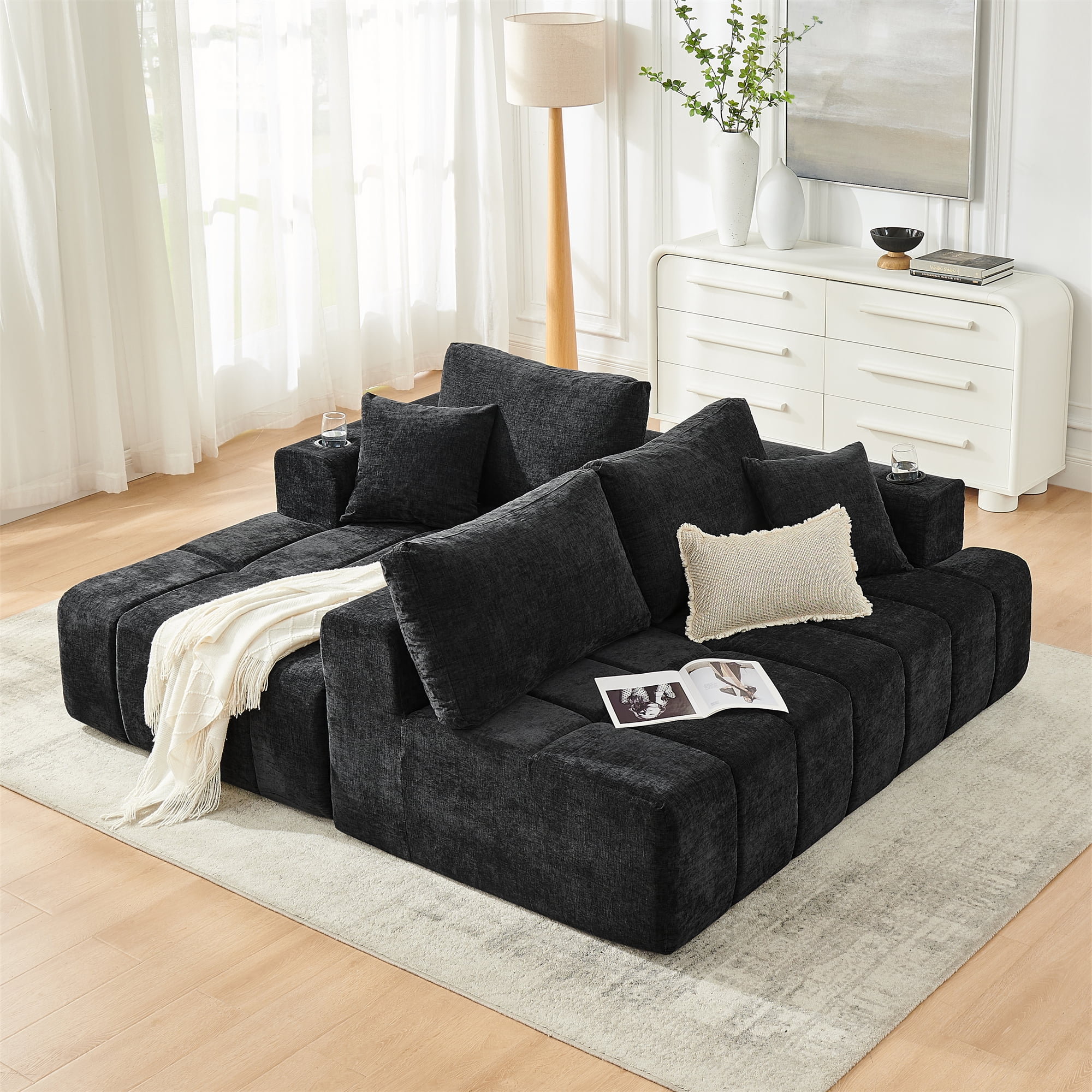 Aukfa 108" Cloud Sectional Sofa, Deep Seat Modular L-Shape Boneless Couch with 2 Cup Holders & Side Pockets, Left Chaise, Chenille, Black