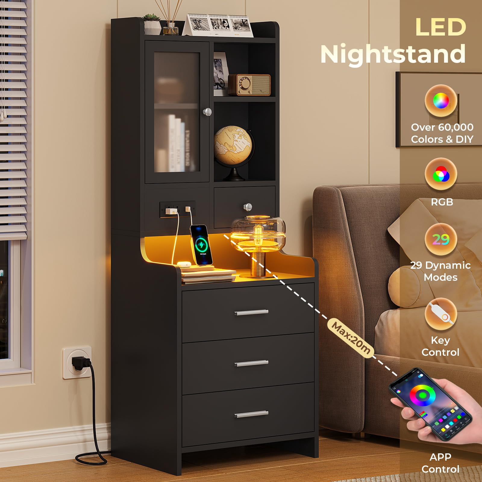 Tall Night Stand with Charging Station and LED Lights,49.2" Nightstand with Shelf and Glass Door, Bedside Table with Drawers,Black